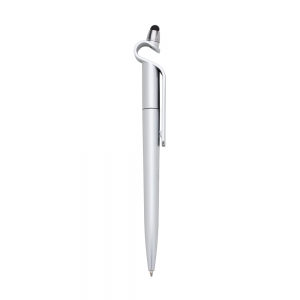 13499 - Caneta plástica com suporte para celular e touch screen Carga esferográfica azul 10 mm e acionamento por rotação